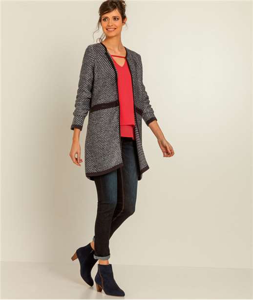 Gilet femme veste longue rayures - Couleur BLEU MARINE - Grain de Malice